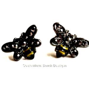 Bumble Bee Earrings Yellow Enamel Marcasite Black Crystal Post Pierced